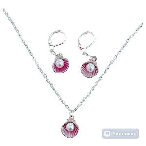 Bella pearls & shells silver necklace and earring set pink adjustable